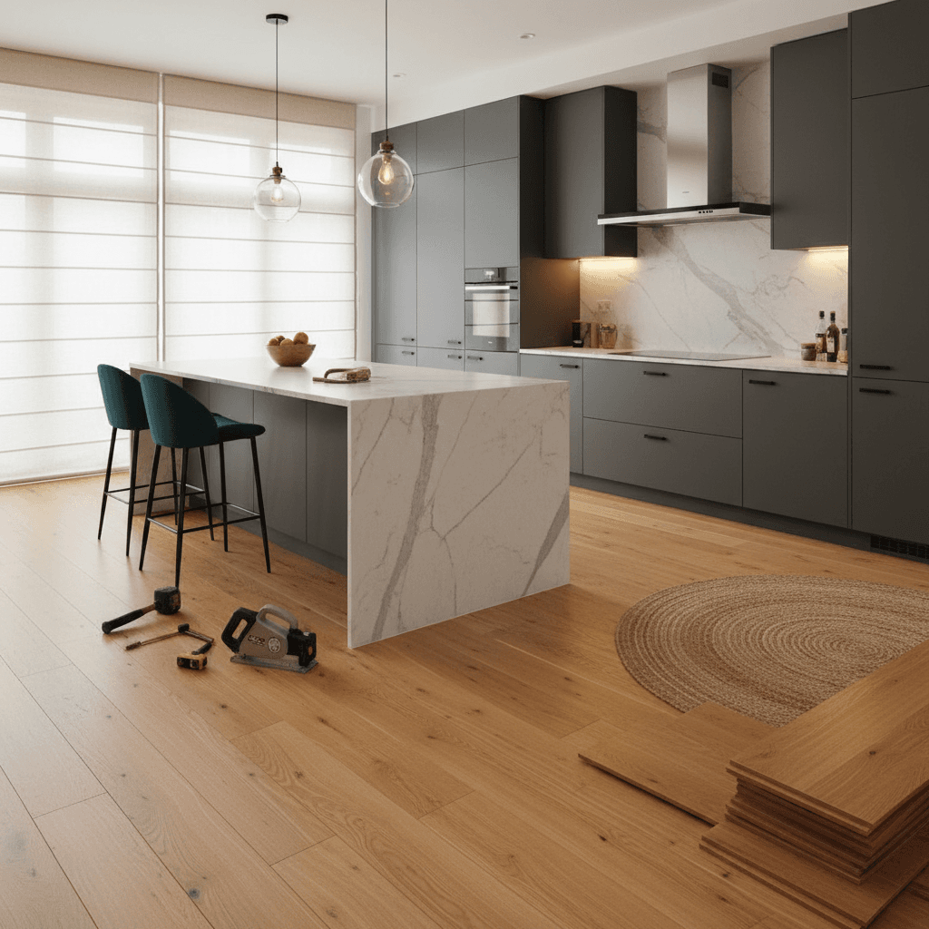 Residential kitchen with newly installed hardwood flooring