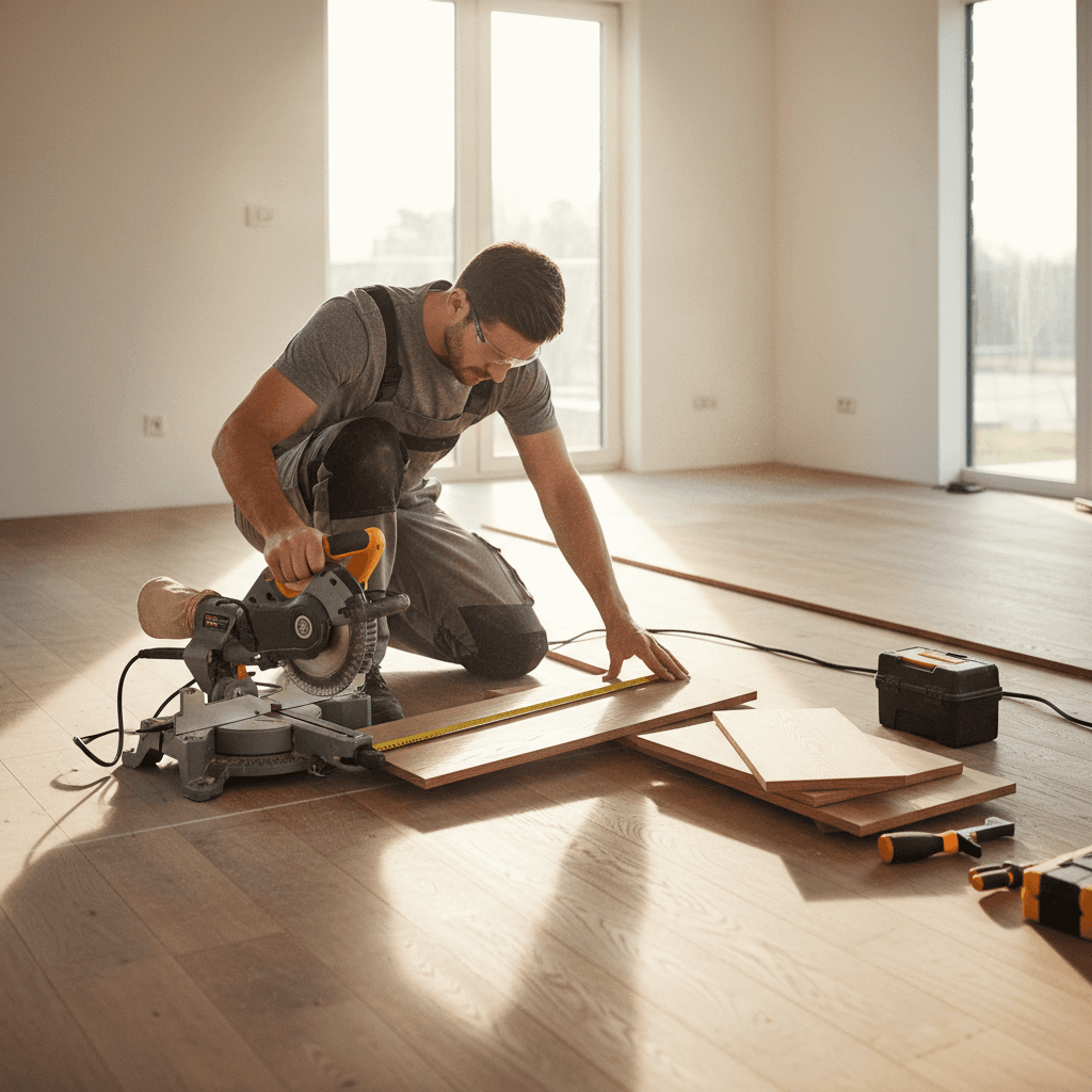 Flooring installation expert measuring hardwood