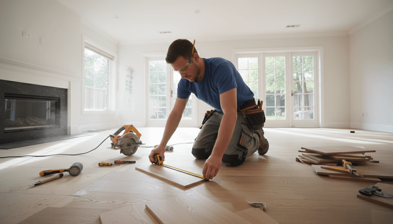 Professional flooring contractor measuring and preparing floor for installation