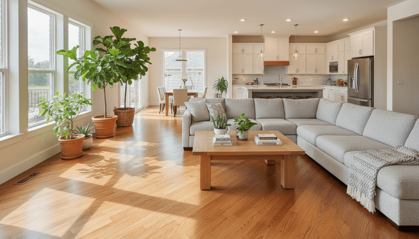 Hardwood flooring installation in residential living room