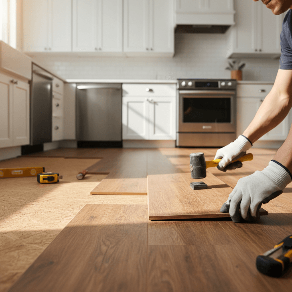 Vinyl plank flooring in modern kitchen space