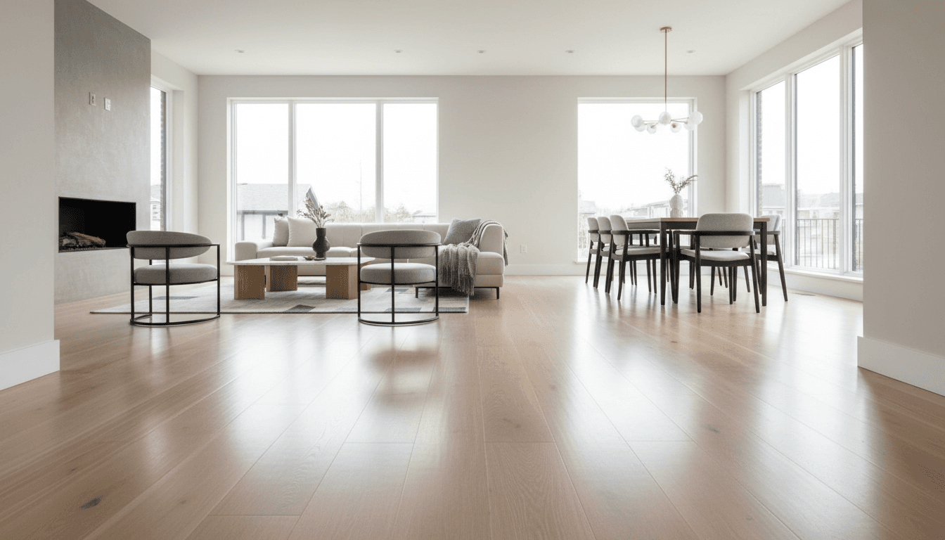 Flooring installation crew laying hardwood in a residential home