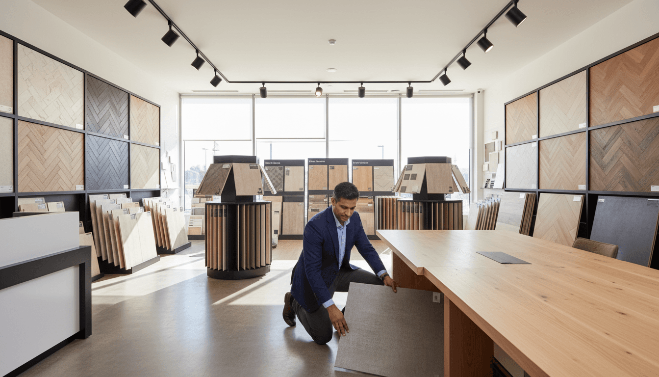 Flooring samples and installation tools displayed in a professional showroom environment