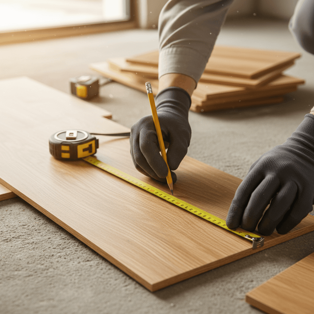 Professional flooring installer precision measuring hardwood floor installation
